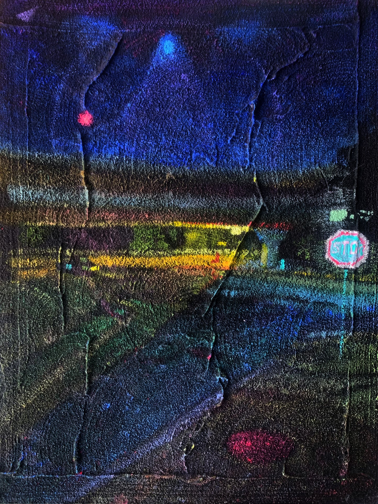 Night Lights | Oil, Great Salt Lake Sand, Concrete | 12"x15" | Wire Hung Wood Frame (Copy)