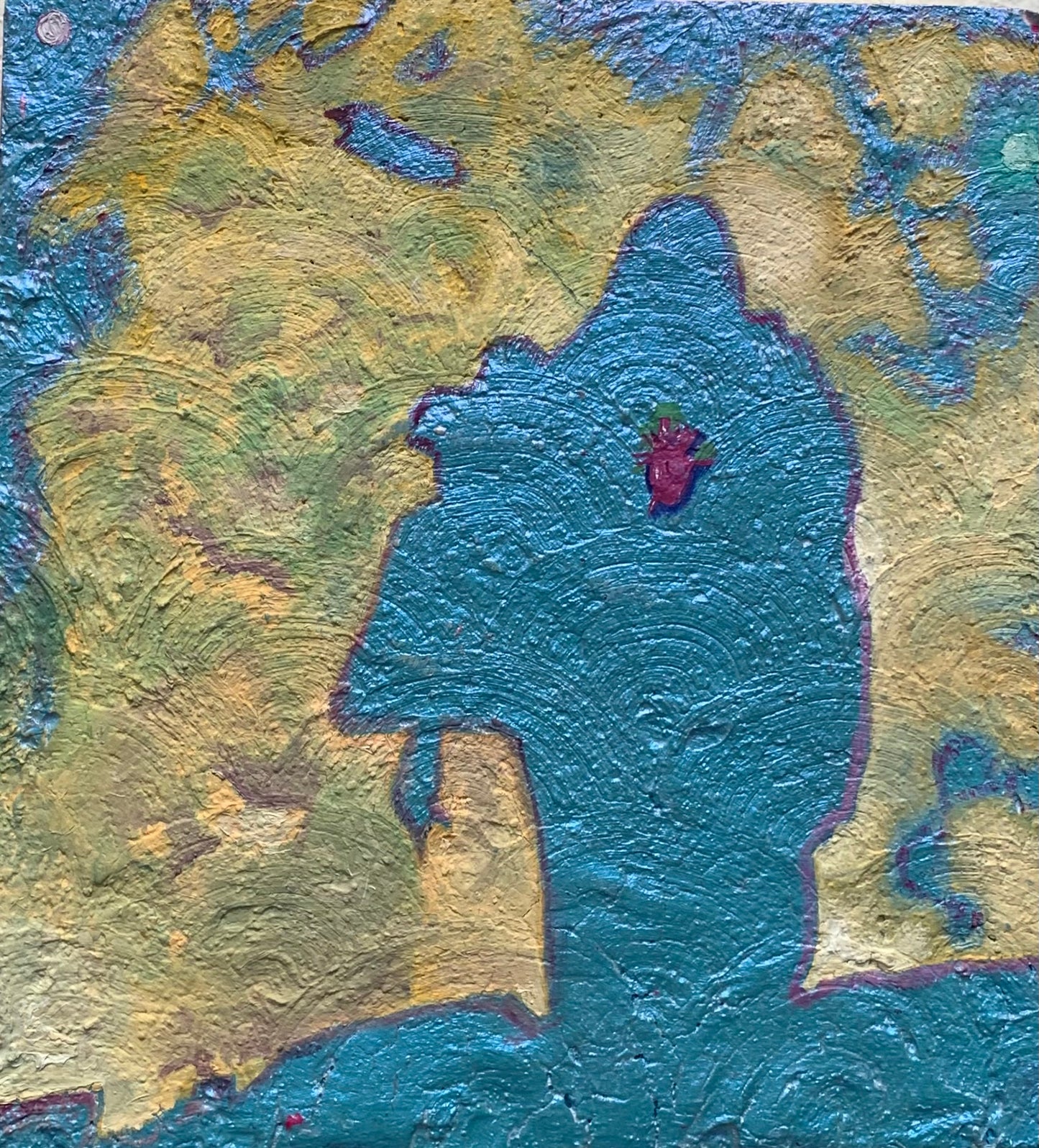 An abstract oil painting featuring a figure with a shadow on a blue background, showcasing a composite form on wood panel.